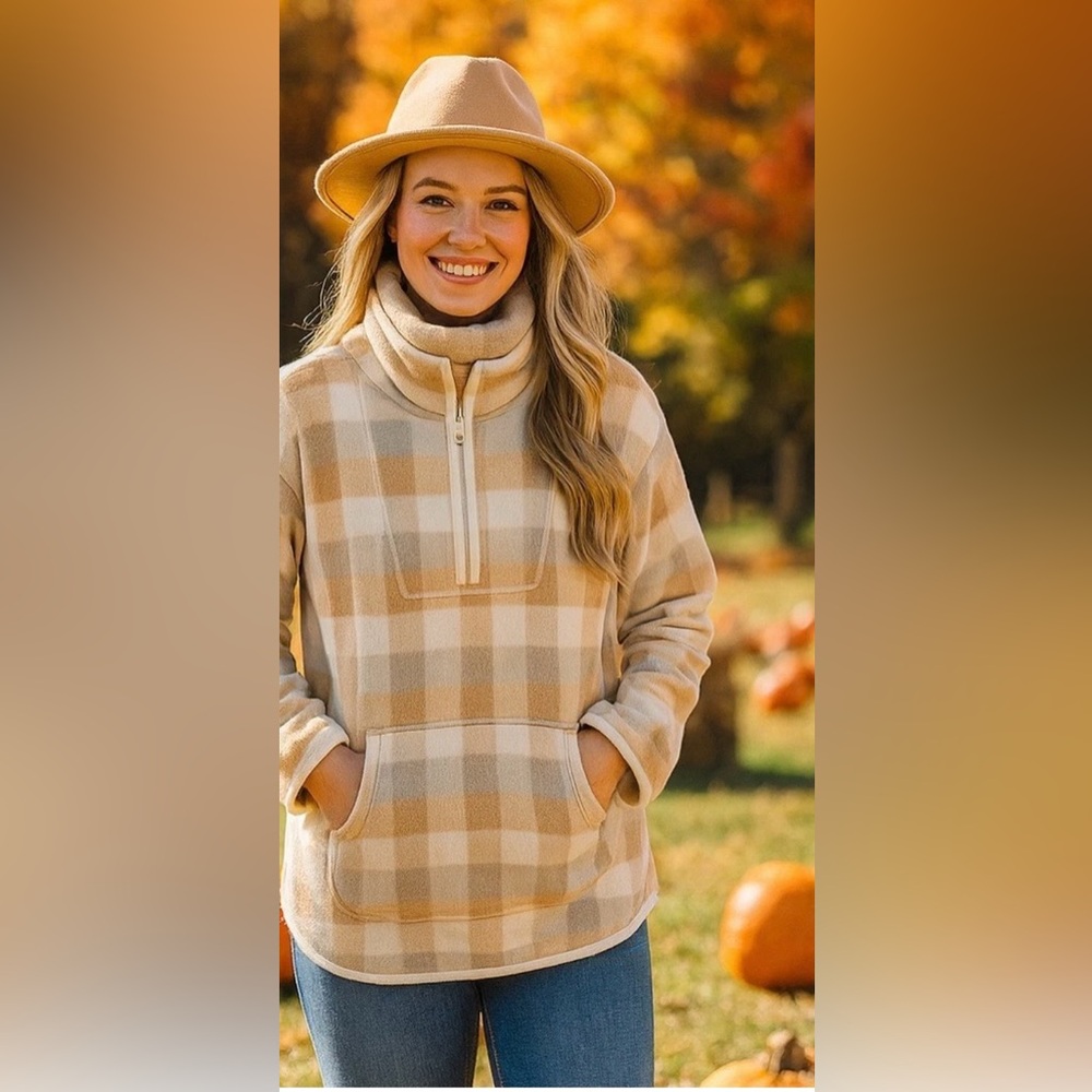 Cozy Plaid Cowl‎ Neck Sweater in Beige